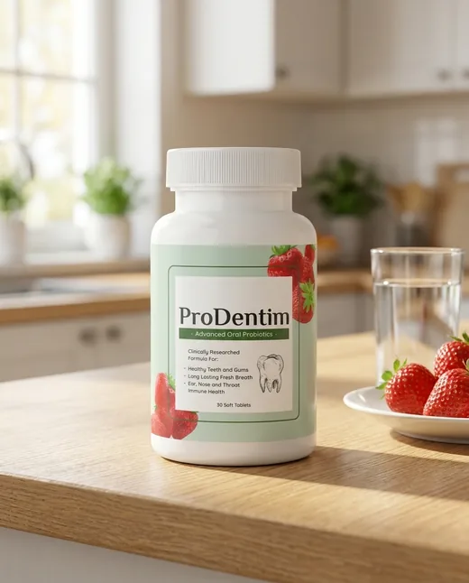 A bottle of ProDentim Advanced Oral Probiotics, 30 soft tablets, on a kitchen counter